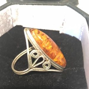 Antique Vintage Artisan Crafted Amber Ring in Sterling Silver